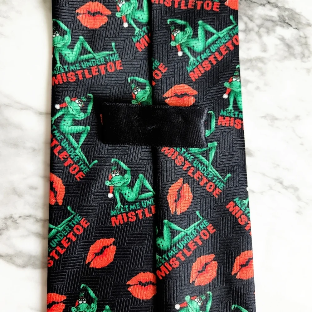 Christmas Holiday Tie With Frogs, Lips, And Mistletoe, Black, Red, & Green